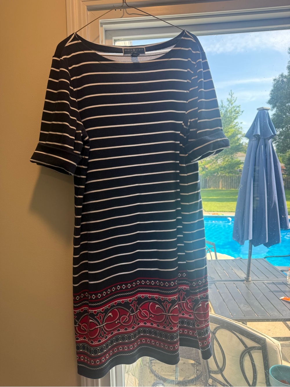 Karen Scott Navy and White Striped dress with Beige Trim